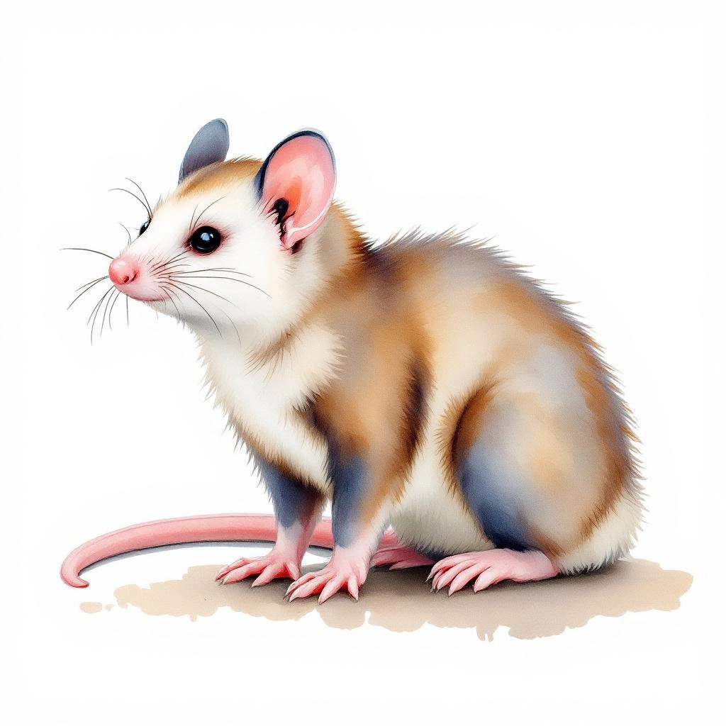 Watercolor illustration of Kalinowski s Mouse Opossum (Hyladelphys kalinowskii)