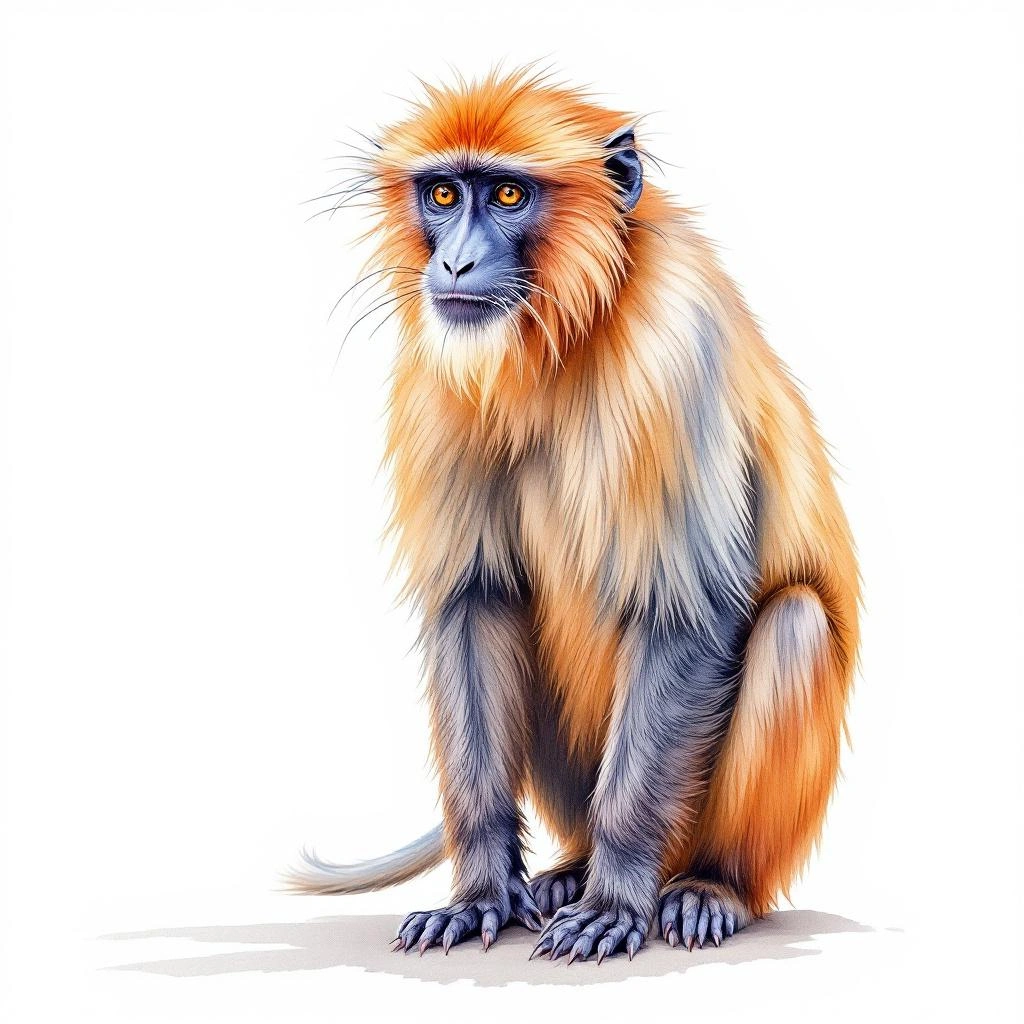 Watercolor illustration of Lang's Red Colobus (Piliocolobus langi)