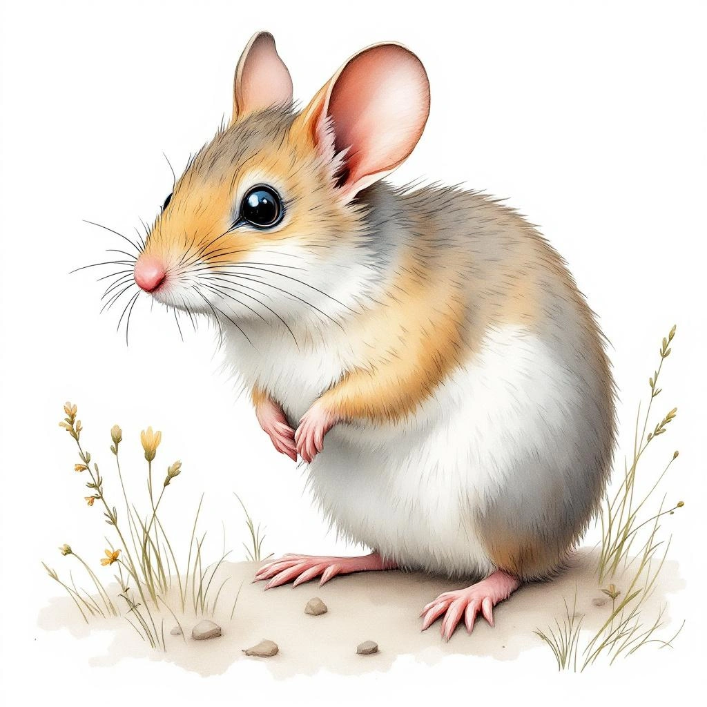 Watercolor illustration of Large-eared Field Mouse (Apodemus latronum)