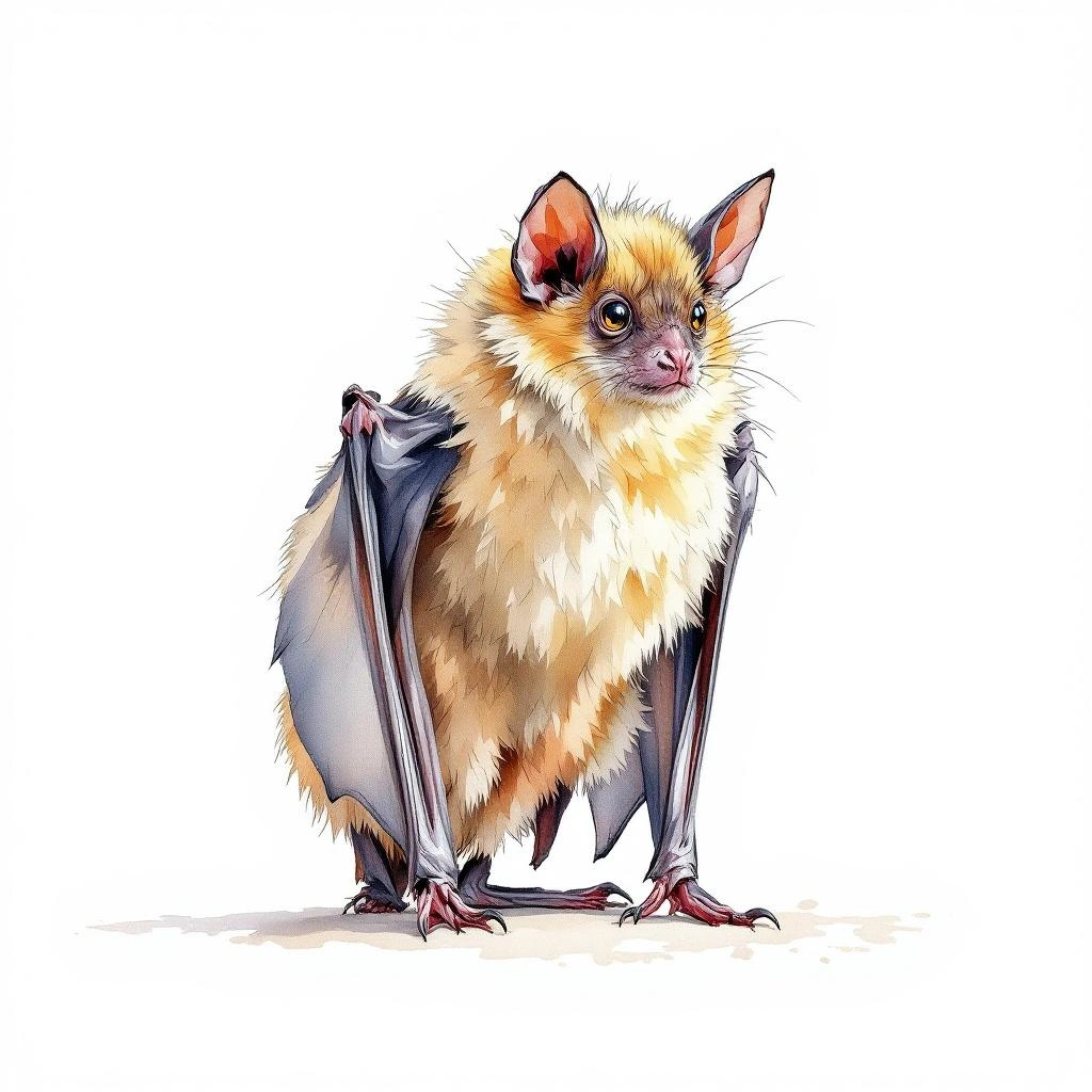 Watercolor illustration of Lesser Hairy-winged Bat (Harpiocephalus harpia)