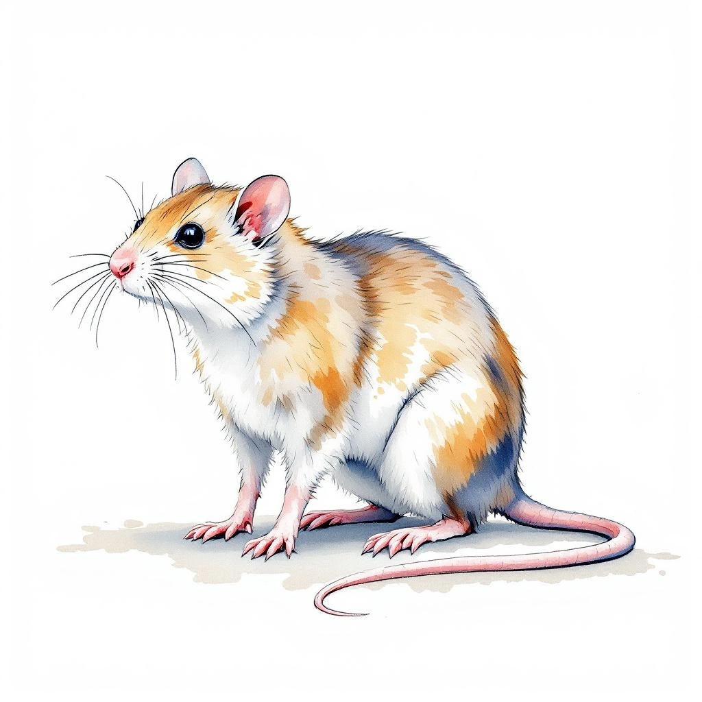 Watercolor illustration of Lesser hamster-rat, Long-tailed pouched rat (Beamys hindei)