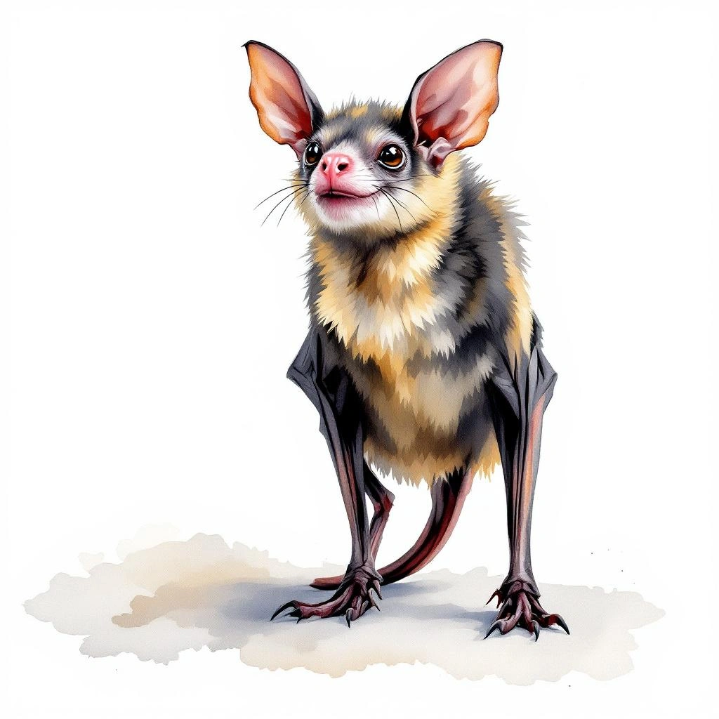 Watercolor illustration of Kleine Langschwanz-Blumenfledermaus (Choeroniscus minor)