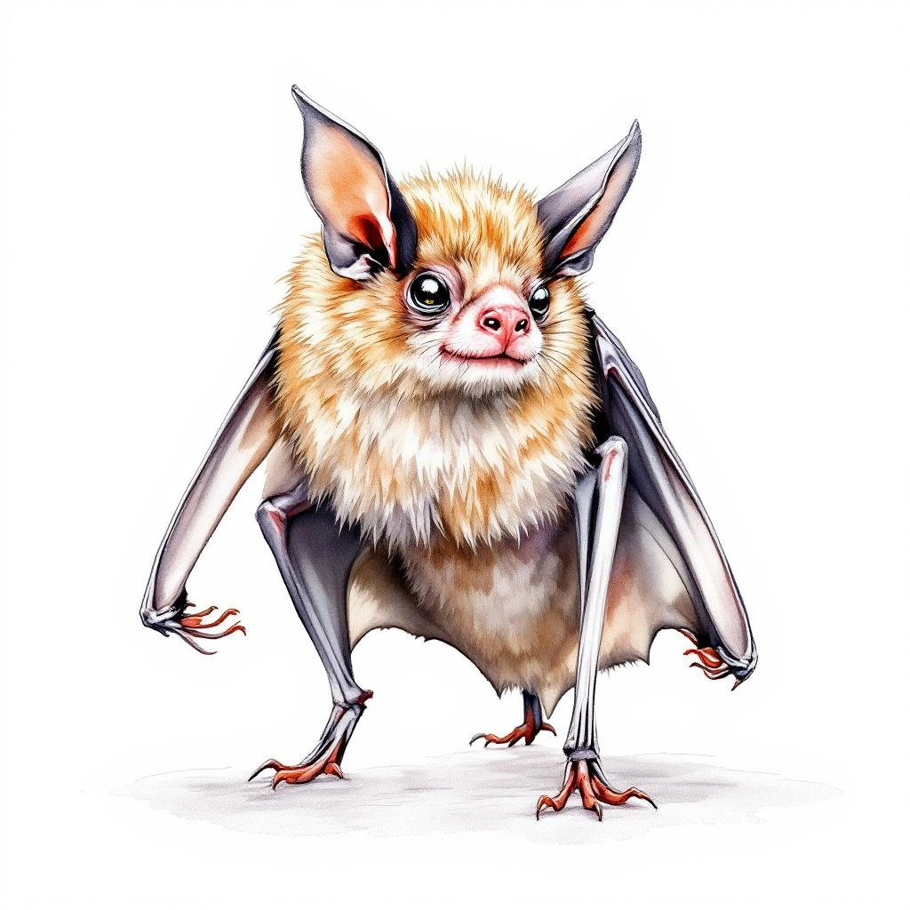 Watercolor illustration of Lesser New Zealand Short-tailed Bat (Mystacina tuberculata)