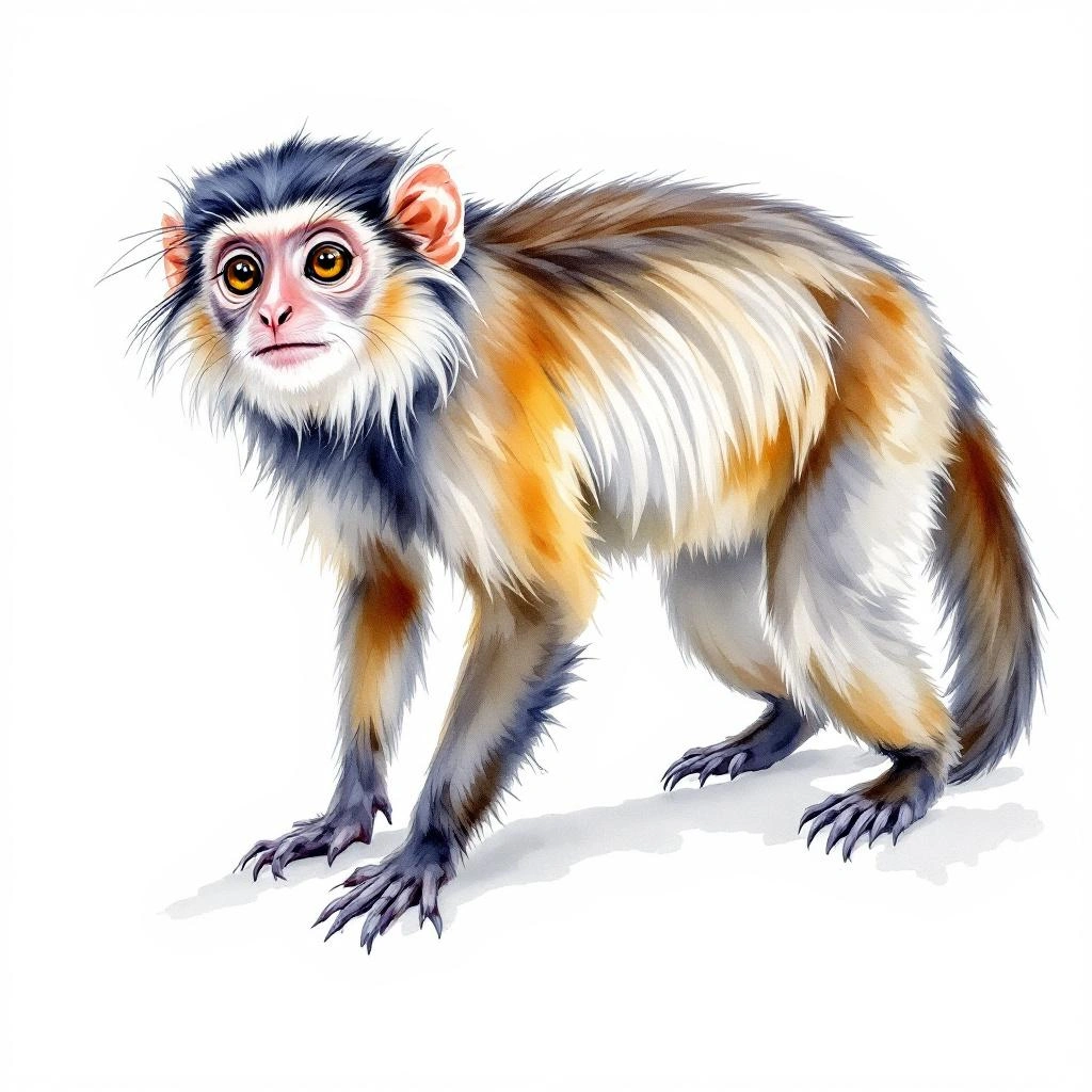 Watercolor illustration of Lesson's Saddle-back Tamarin (Leontocebus fuscus)