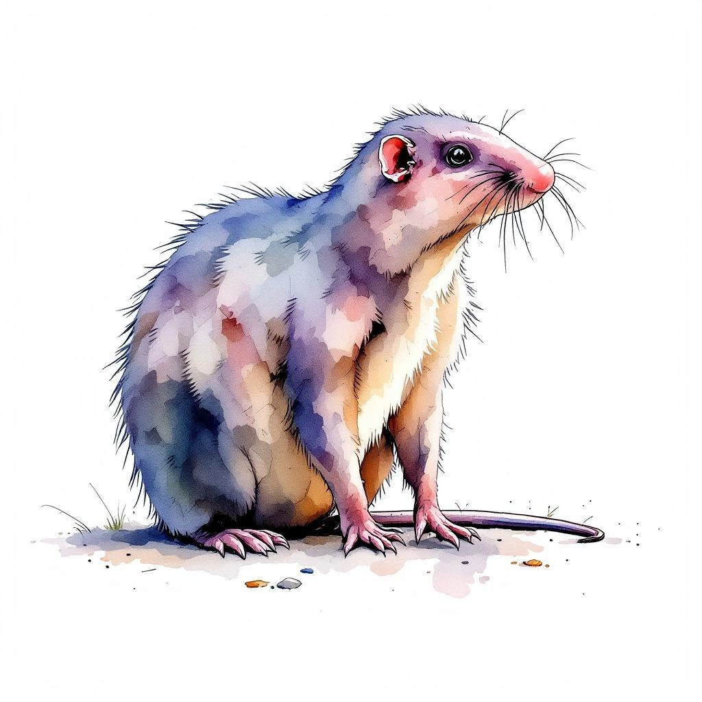 Watercolor illustration of Long-nosed Mole (Euroscaptor longirostris)