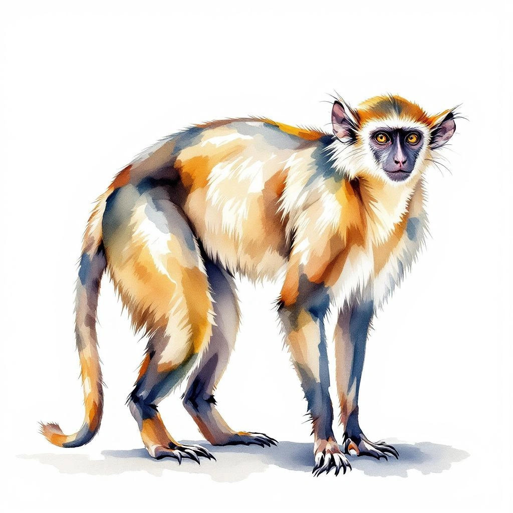 Watercolor illustration of Vervet malbrouck (Chlorocebus cynosuros)