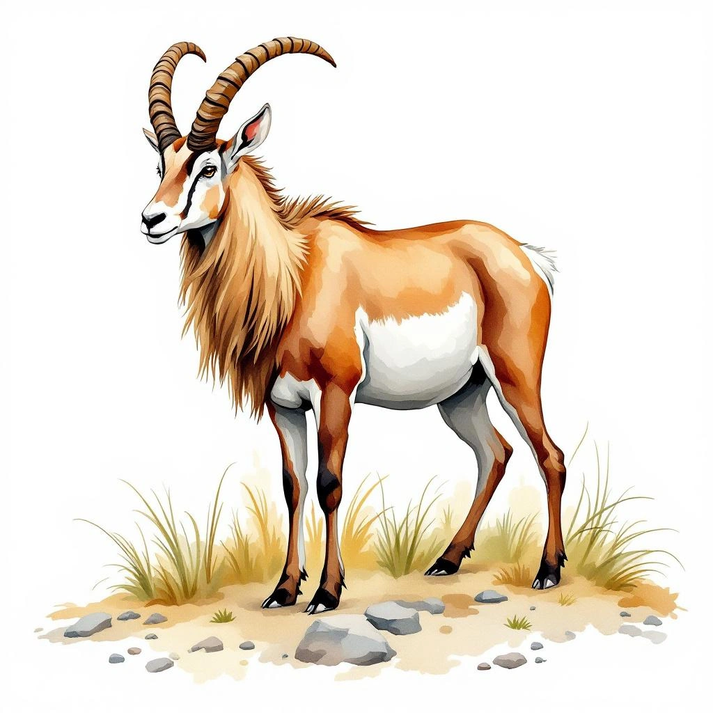 Watercolor illustration of Markhor (Capra falconeri)