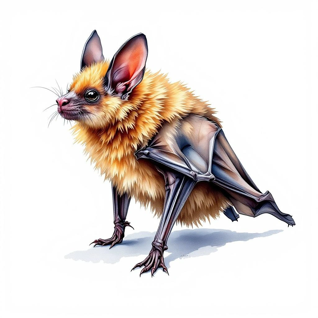 Watercolor illustration of Mexican Long-tongued Bat (Choeronycteris mexicana)