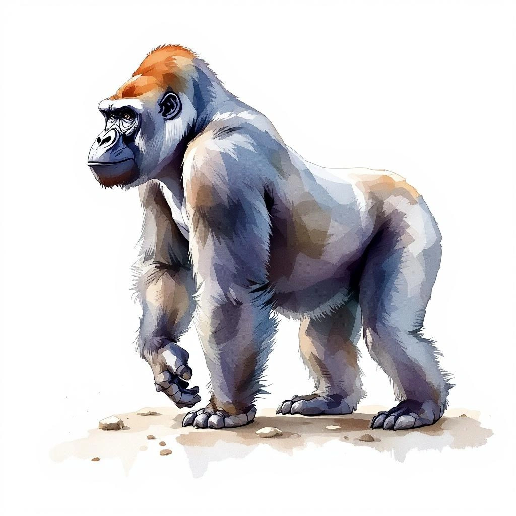 Watercolor illustration of mountain gorilla (Gorilla beringei)