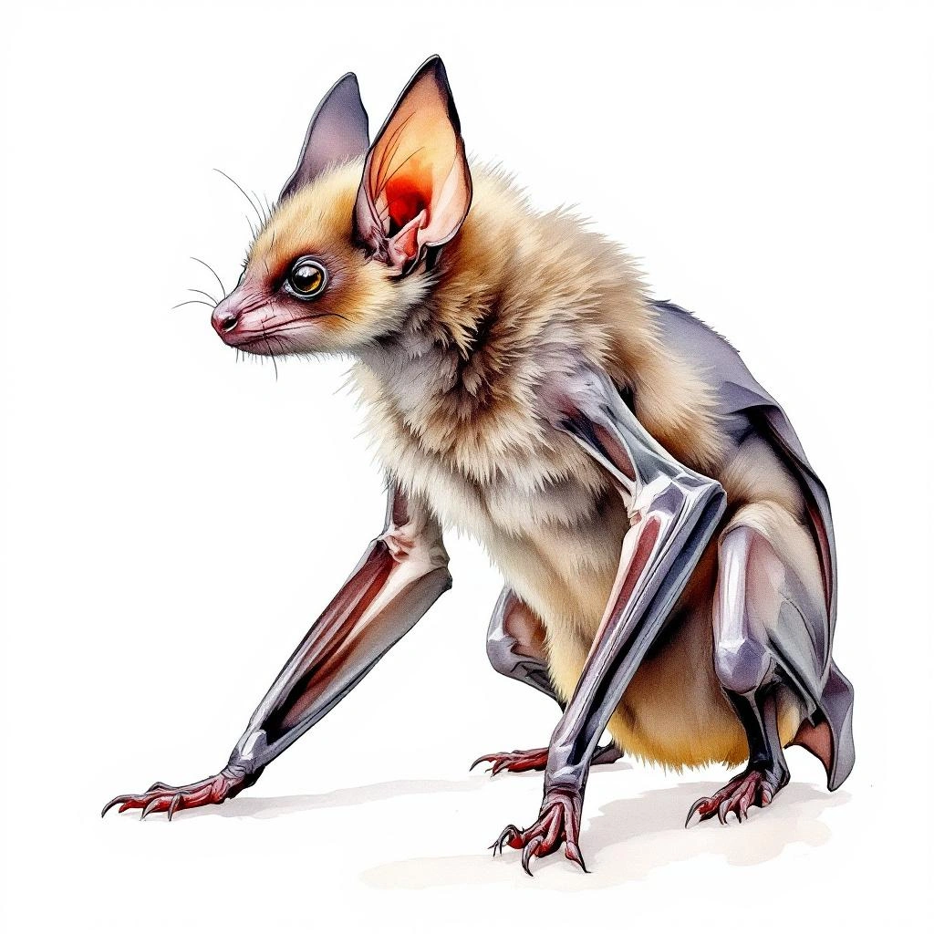 Watercolor illustration of Naked-rumped Pouched Bat (Saccolaimus saccolaimus)
