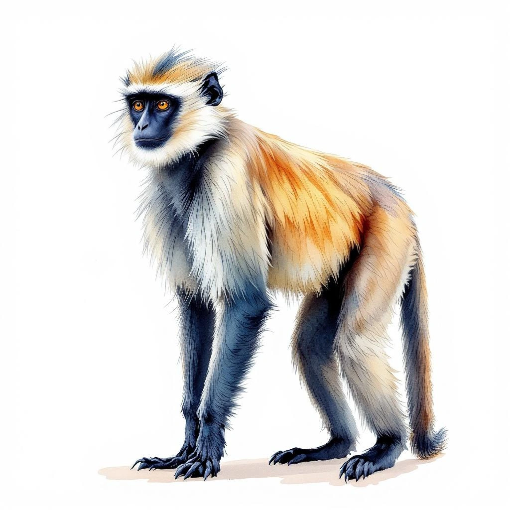 Watercolor illustration of Nilgiri langur (Semnopithecus johnii)