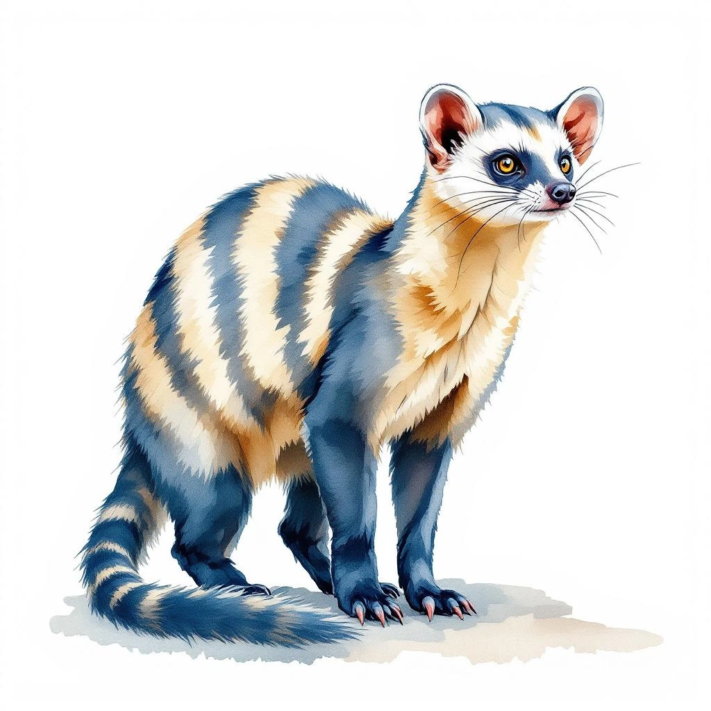 Watercolor illustration of Owston's Banded Palm Civet (Chrotogale owstoni)