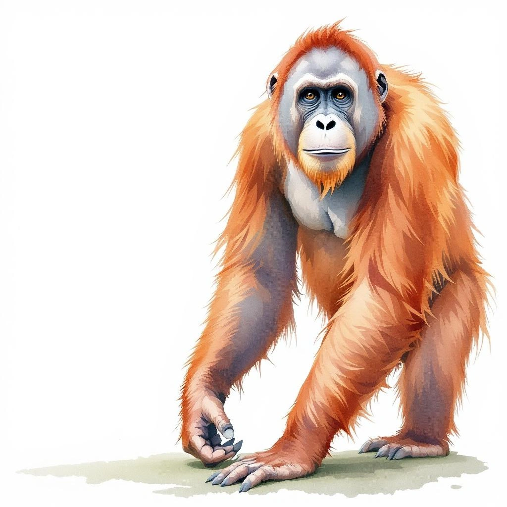 Watercolor illustration of Sumatra-Orang-Utan (Pongo abelii)